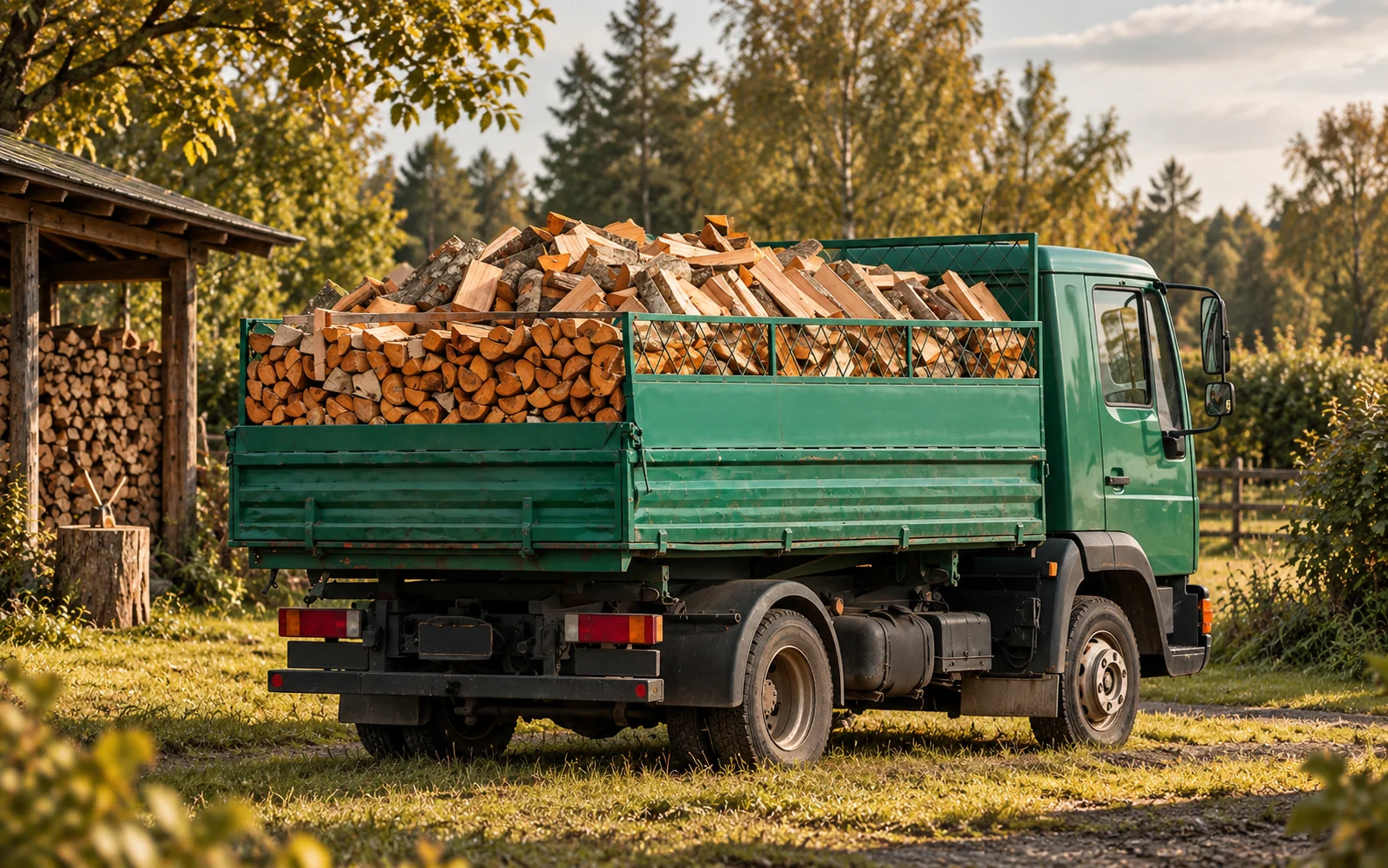 Veoauto ja lõhutud küttepuud taluõuel